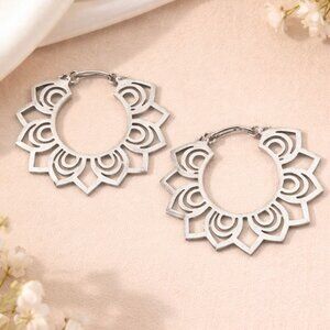 Stainless Steel Silver Lotus Flower Hoop Earrings Boho